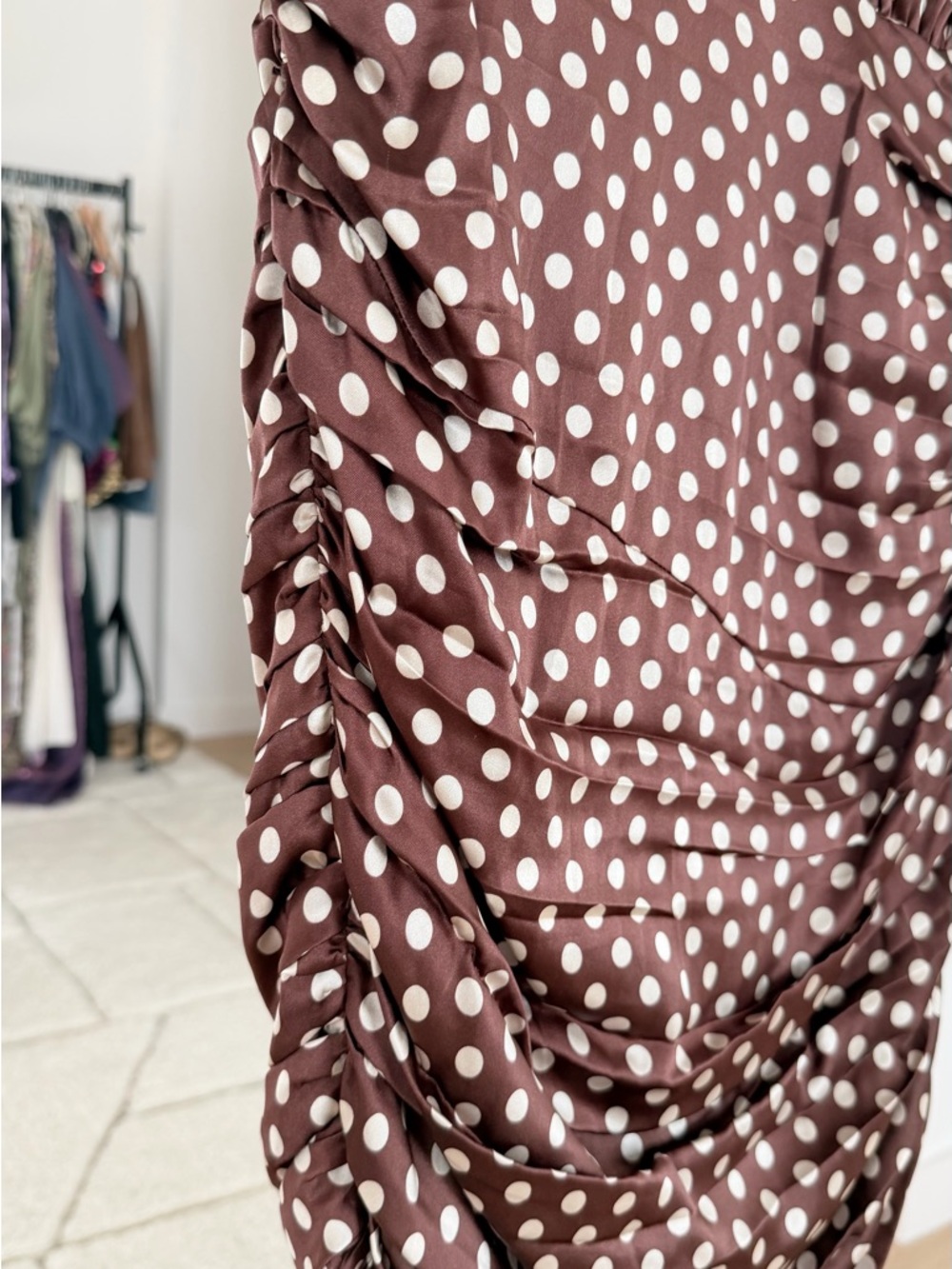 Ronny Kobo Collection Brown Polka Dot Ruched Midi Dress - Picture 2 of 7